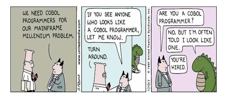 Dilbert cartoon comparing COBOL programmers to dinosaurs.