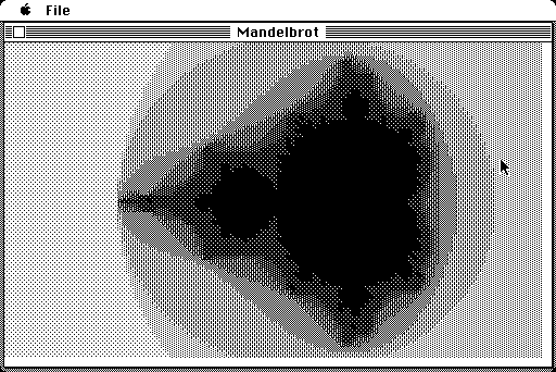 A Clarus Mandelbrot application: a dithered black-and-white Mandelbrot set in a window titled Mandelbrot