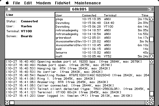 The 68kBBS window on a black-and-white Mac: a line panel showing a connected VT100 caller named Vaelen on the Boards screen, a table of recent callers, and a timestamped log of modem commands, a telnet client being detected, and the user logging in